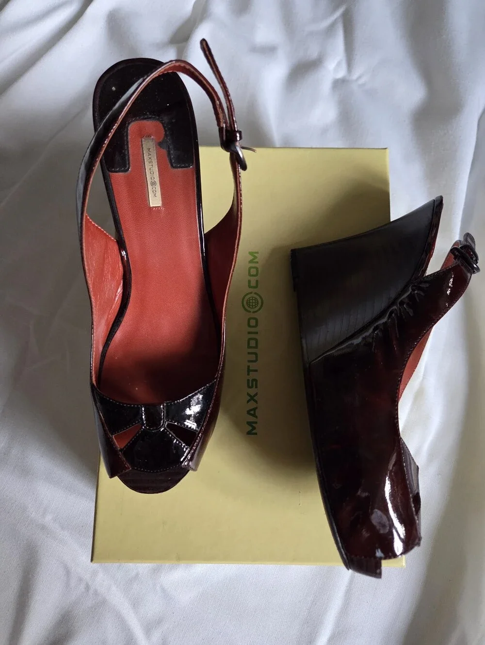 Max Studio Burgundy Patent Peep-Toe Slingback Wedges Cleo